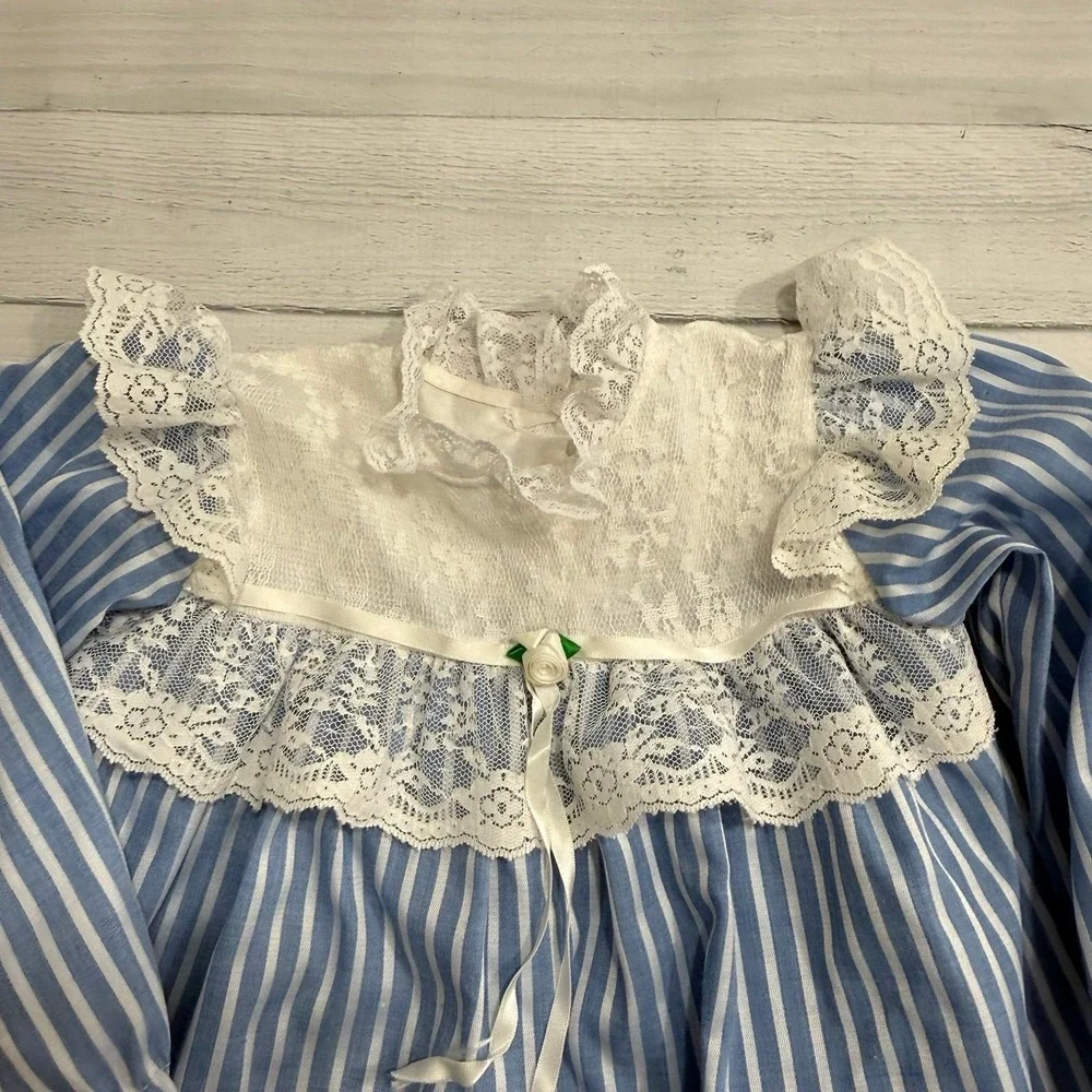 Vintage hugs & kisses baby girl blue white stripes lace dress 24 months